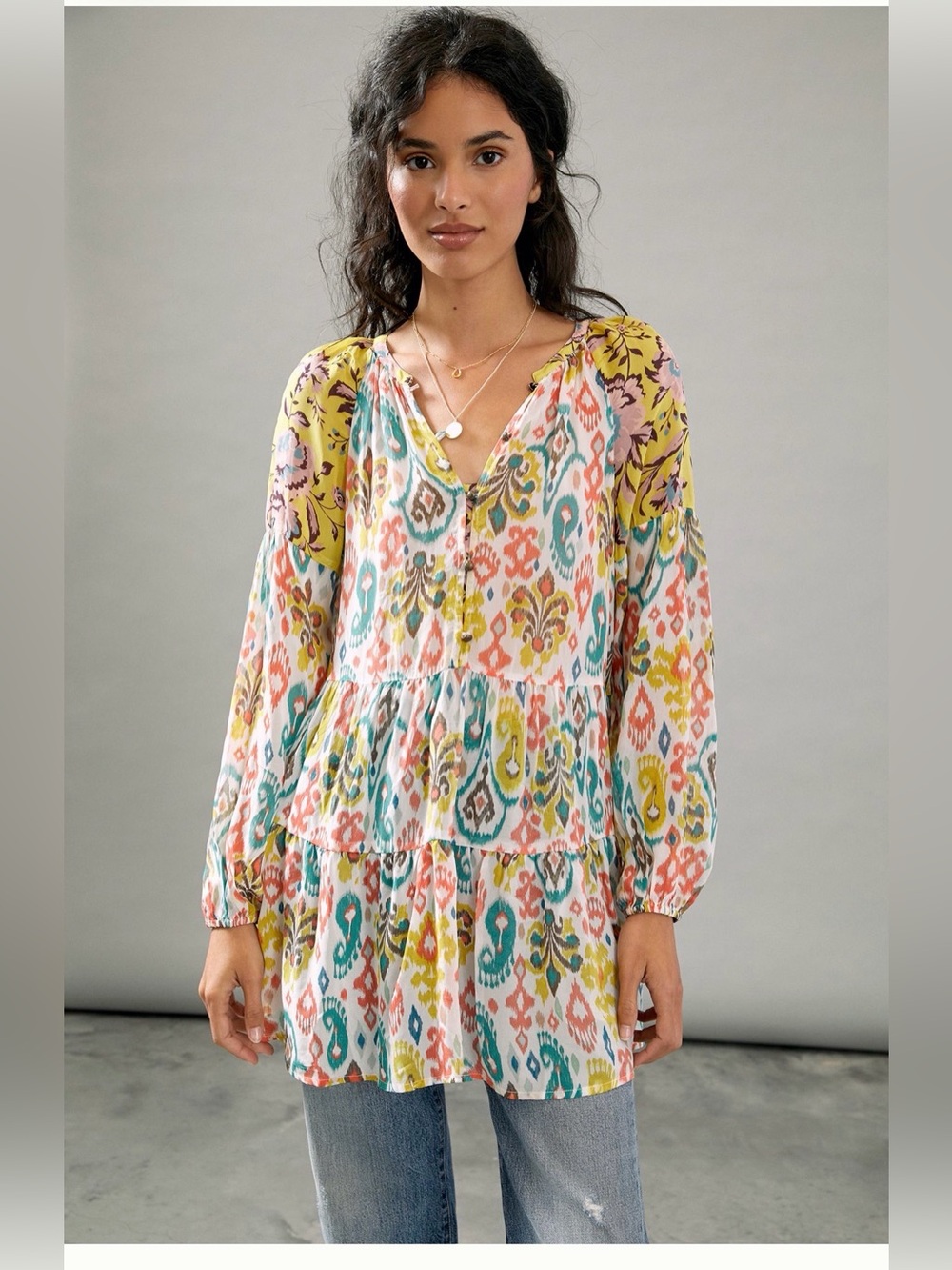 Anthropologie Maureen Baby Doll Tunic Dress Tiered Tunic Multicolor Boho Large